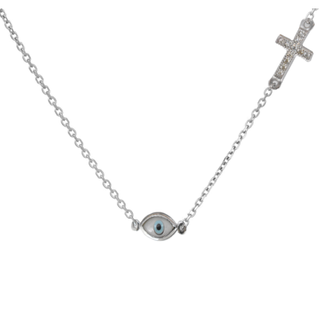 Κολιέ  Λευκοχρυσό 14 καρατίων ματι με σταυρουδακι και ζιρκον