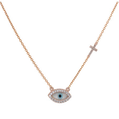 Κολιέ με ματακι και σταυρουδακι ροζ χρυσο 9 καρατίων