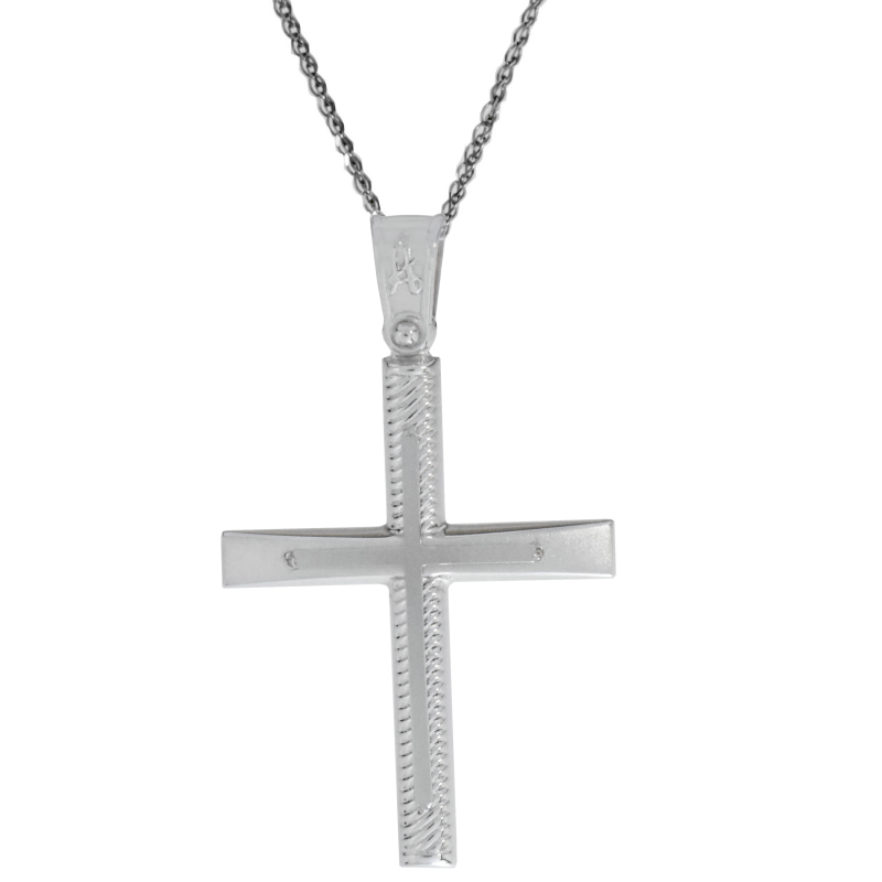 Λευκόχρυσος ανδρικός σταυρός με αλύσιδα 14 Καρατίων