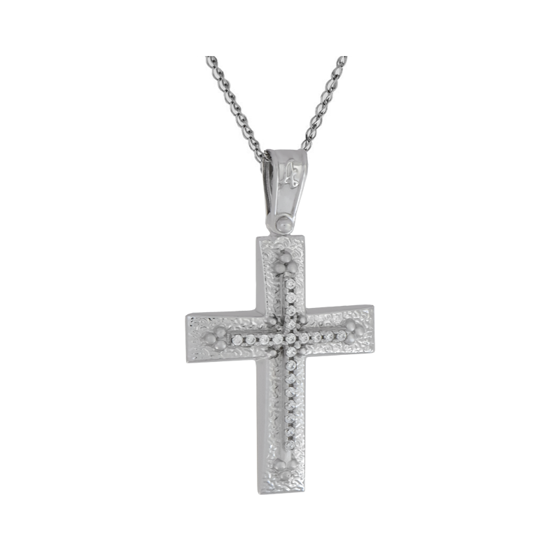 Λευκόχρυσος γυναικείος σταυρός με αλυσίδα 14 Καρατίων