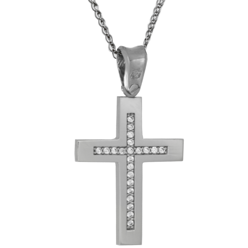 Λευκόχρυσος γυναικείος σταυρός με αλυσίδα 14 Καρατίων