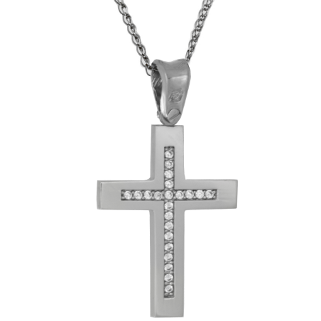 Λευκόχρυσος γυναικείος σταυρός με αλυσίδα 14 Καρατίων