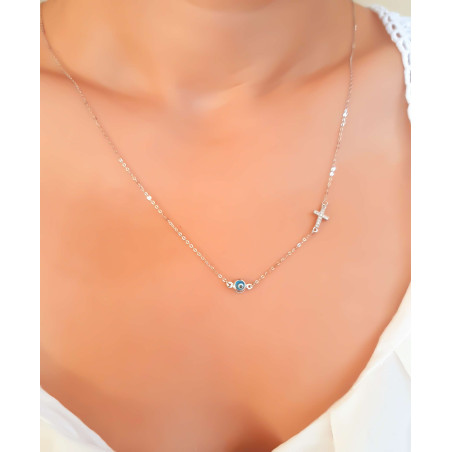 Κολιέ xρυσό 9 καρατίων ματάκι με σταυρουδάκι