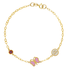 Βραχιόλι παιδάκι από χρυσό 9 καρατίων με να ζήσει σε ροζ, με πεταλούδα και ματάκι