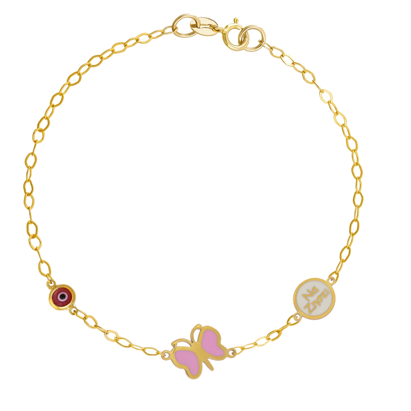 Βραχιόλι παιδάκι από χρυσό 9 καρατίων με να ζήσει σε ροζ, με πεταλούδα και ματάκι
