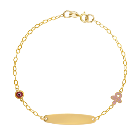 παιδική ταυτότητα από χρυσό 9 καρατίων διακοσμημένη με πιπίλα και ματάκι