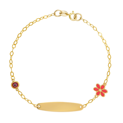 παιδική ταυτότητα από χρυσό 9 καρατίων διακοσμημένη με λουλουδάκι και ματάκι