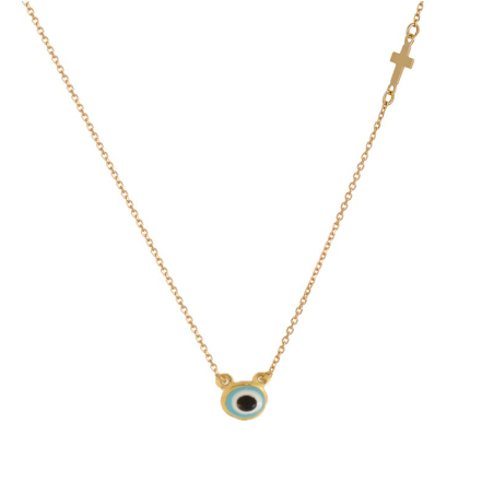 Κολιέ χρυσό 14 καρατίων ματάκι με σταυρουδάκι