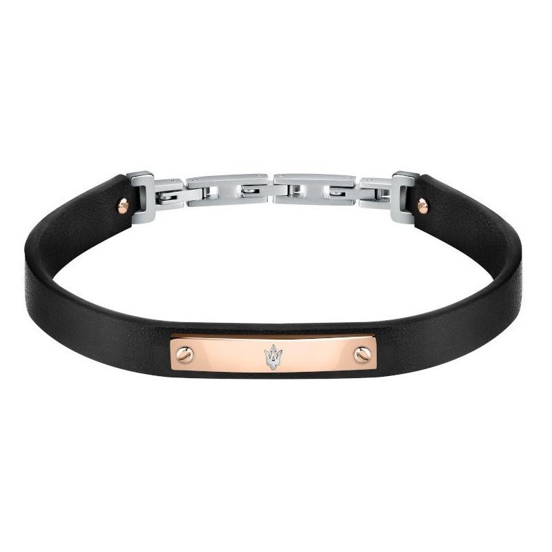 Ανδρικό βραχιόλι MASERATI ARM RING JM222AVE05 με μαύρο δερμάτινο λουράκι, ροζ χρυσό λογότυπο και ασημένιες λεπτομέρειες(22cm)