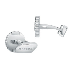 Μανικετόκουμπα MASERATI CUFFLINK JM121ATK13 από ανοξείδωτο ατσάλι ασημένιου χρώματος με λογότυπο της εταιρείας.