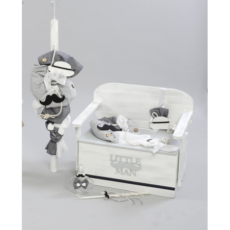 Βαπτιστικό πακέτο με ξύλινο μπαούλο θρανίο με θέμα το καπέλο μουστάκι παπιγιόν σε αποχρώσεις λευκό γκρι μπλε