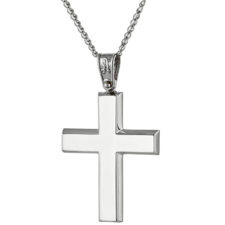 Λευκόχρυσος ανδρικός σταυρός με αλυσίδα 14 Καρατίων