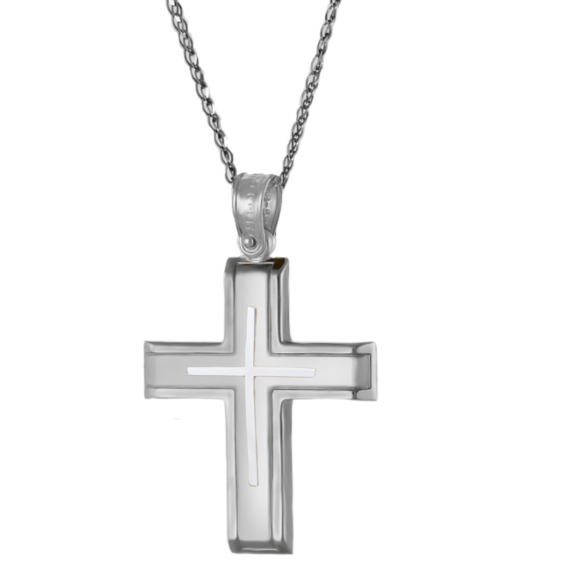 Λευκόχρυσος Ανδρικός σταυρός με αλυσίδα 14 Καρατίων