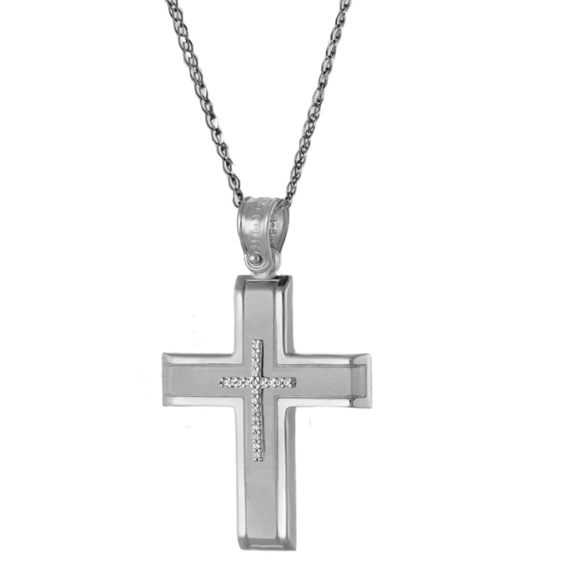 Λευκόχρυσος γυναικείος σταυρός με αλυσίδα 14 Καρατίων