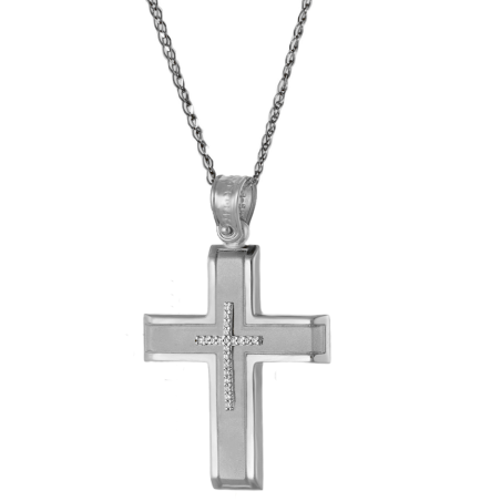 Λευκόχρυσος γυναικείος σταυρός με αλυσίδα 14 Καρατίων