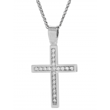 Λευκόχρυσος γυναικείος σταυρός με αλυσίδα 14 Καρατίων
