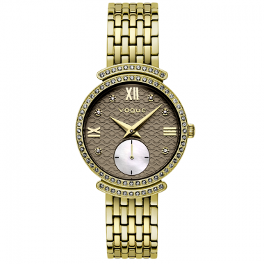 VOGUE SAINT TROPEZ γυναικείο ρολόι, ανοιχτό σοκολά καντράν, μεγάλα λαμπερά ζιργκόν & κίτρινο χρυσό 2020612742