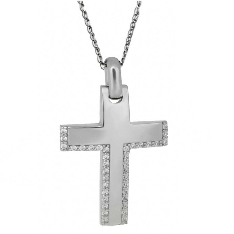 Λευκόχρυσος γυναικείος σταυρός με αλυσίδα 14 Καρατίων