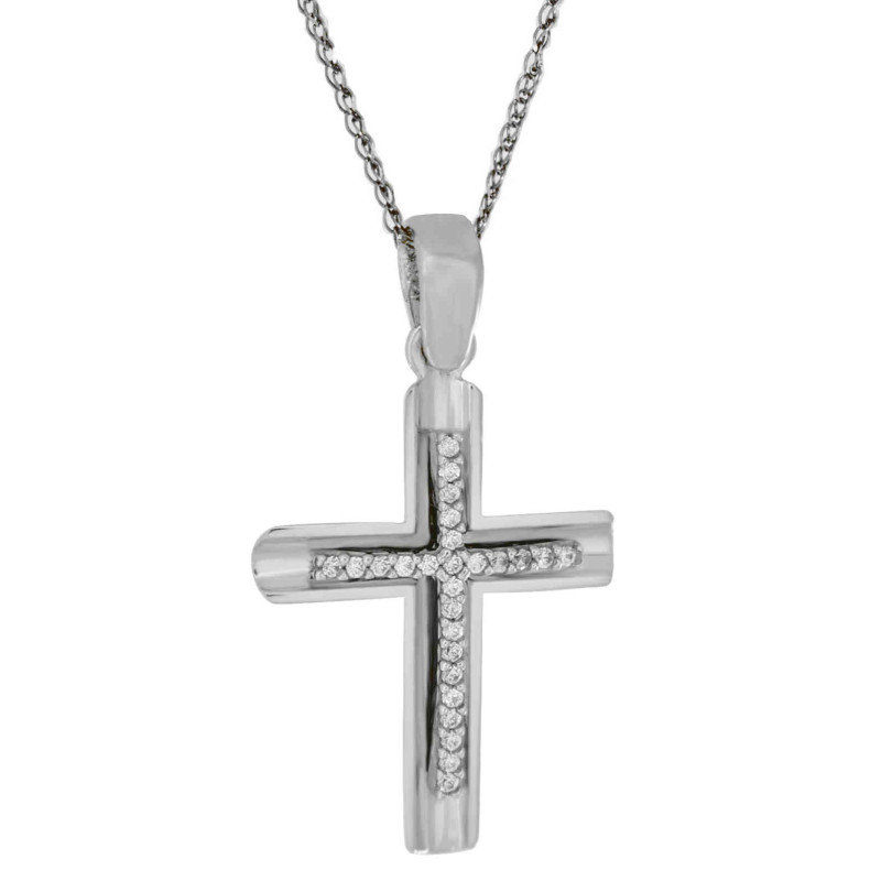 Λευκόχρυσος γυναικείος σταυρός με αλυσίδα 14 Καρατίων