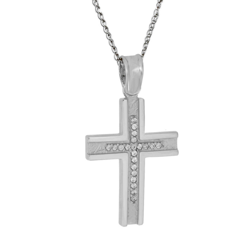 Λευκόχρυσος γυναικείος σταυρός με αλυσίδα 14 Καρατίων