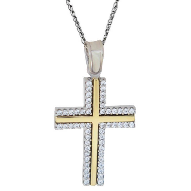 Λευκόχρυσος γυναικείος σταυρός με αλυσίδα 14 Καρατίων