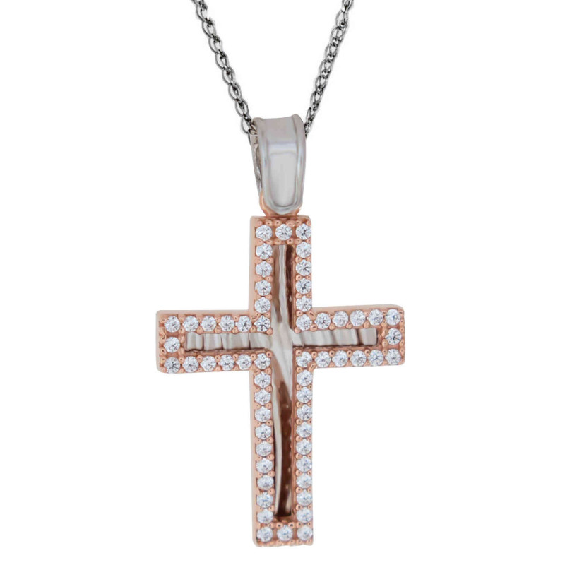 Λευκόχρυσος γυναικείος σταυρός με αλυσίδα 14 Καρατίων