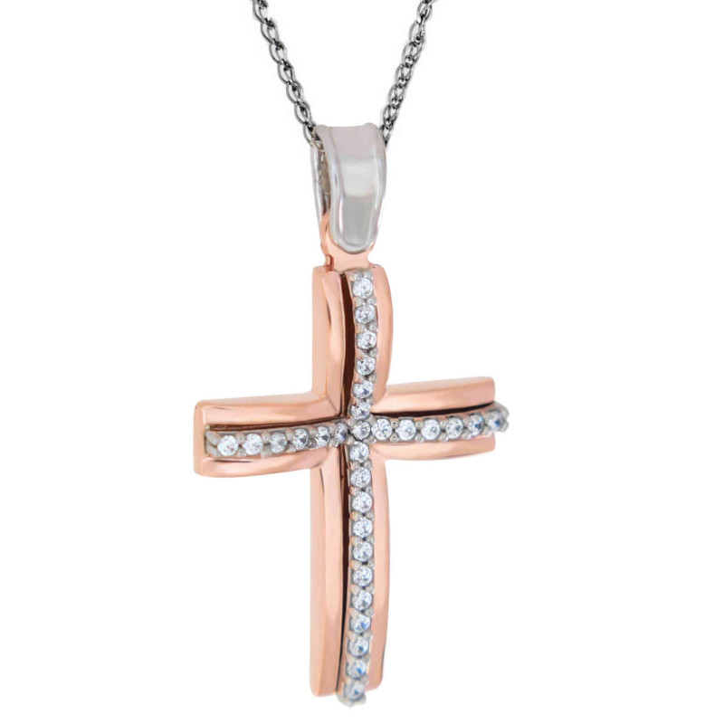 Λευκόχρυσος γυναικείος σταυρός με αλυσίδα 14 Καρατίων