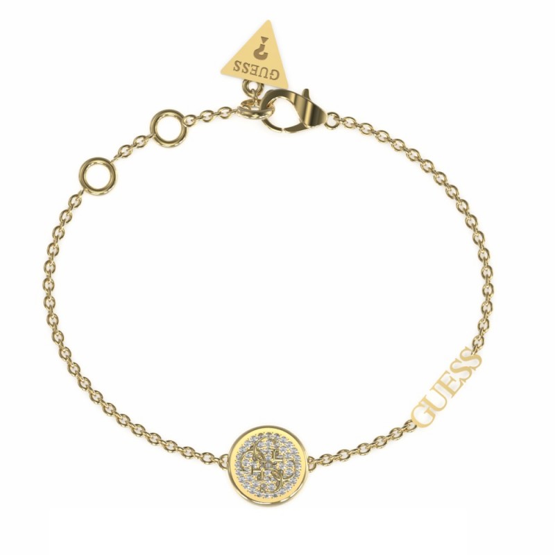 Γυναικείο βραχιόλι GUESS STEEL DREAMING GUESS JUBB03125JWYGL χρυσού χρώματος με λογότυπο και διαφανείς πέτρες ζιργκόν(21cm).