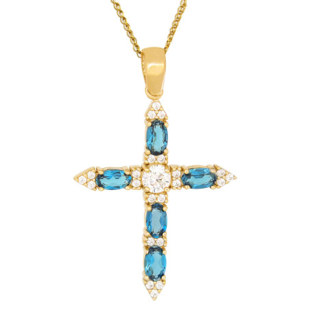 Χρυσός γυναικείος σταυρός με αλυσίδα 14 Καρατίων με blue london