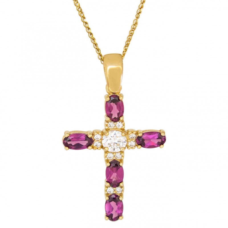 Χρυσός γυναικείος σταυρός με αλυσίδα 14 Καρατίων με Ροδολίτη