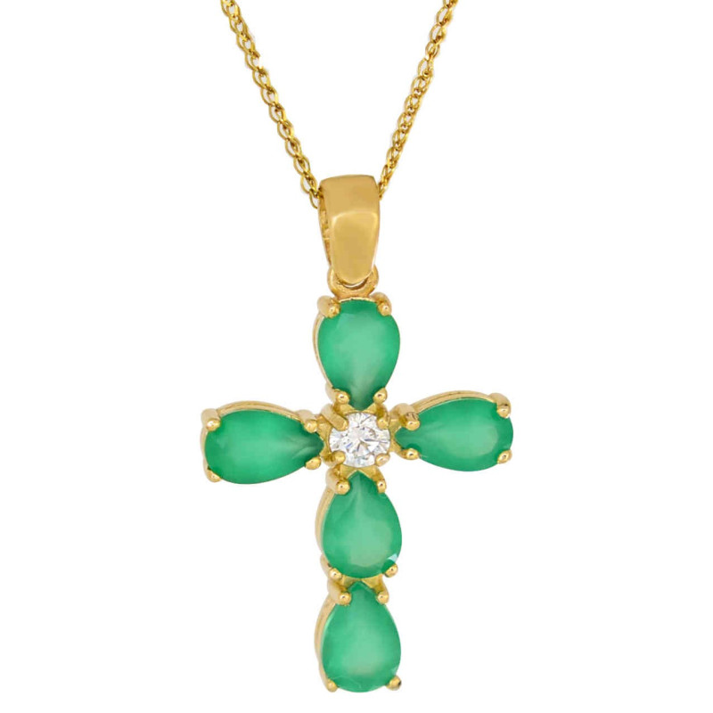 Χρυσός γυναικείος σταυρός με αλυσίδα 14 Καρατίων με Πράσινος Αχάτης