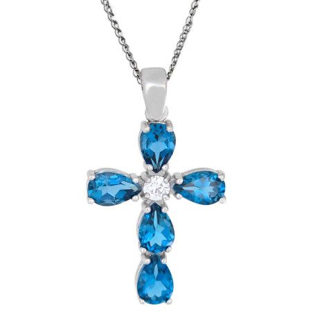 Λευκόχρυσος γυναικείος σταυρός με αλυσίδα 14 Καρατίων με blue london