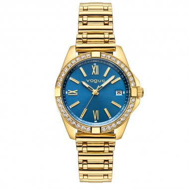 Liz γυναικείο ρολόι,με χρυσό μπρασελέ επιμετάλλωσης 18Κ και μπλε καντράν, λαμπερά λευκά ζιργκόν, Vogue