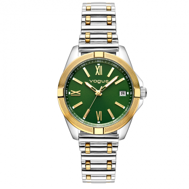 Liz γυναικείο ρολόι,με δίχρωμο χρυσό- ασημί μπρασελέ επιμετάλλωσης 18Κ και σκούρο πράσινο καντράν, 10ΑΤΜ, Vogue