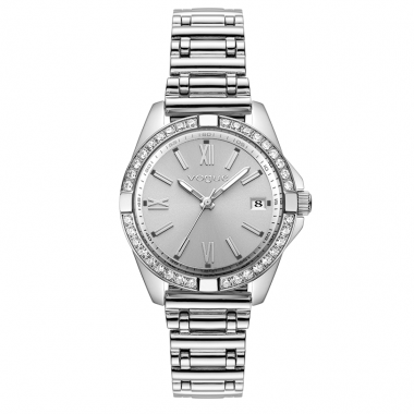 Liz γυναικείο ρολόι,με ασημί ατσάλινο μπρασελέ και ασημί καντράν, λαμπερά λευκά ζιργκόν,Vogue