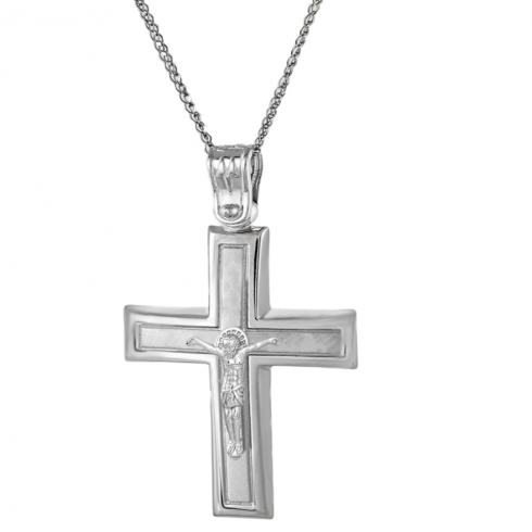 Λευκόχρυσος Ανδρικός σταυρός με αλυσίδα 14 Καρατίων