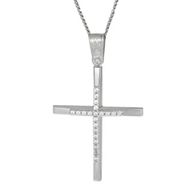 Λευκόχρυσος γυναικείος σταυρός με αλυσίδα 14 Καρατίων