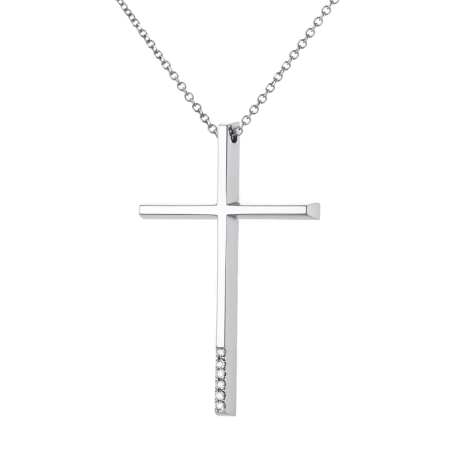 Λευκόχρυσος γυναικείος σταυρός με διαμάντια και αλυσίδα 18 Καρατίων
