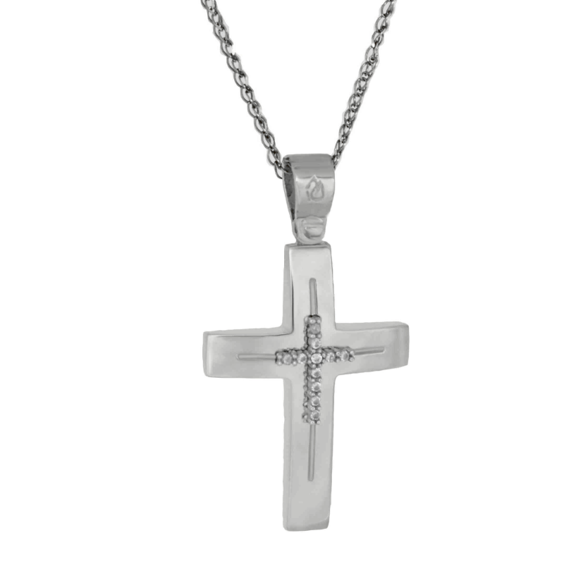 Λευκόχρυσος γυναικείος σταυρός με αλυσίδα 14 Καρατίων