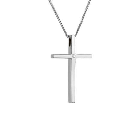 Λευκόχρυσος γυναικείος σταυρός με διαμάντια και αλυσίδα 14 Καρατίων